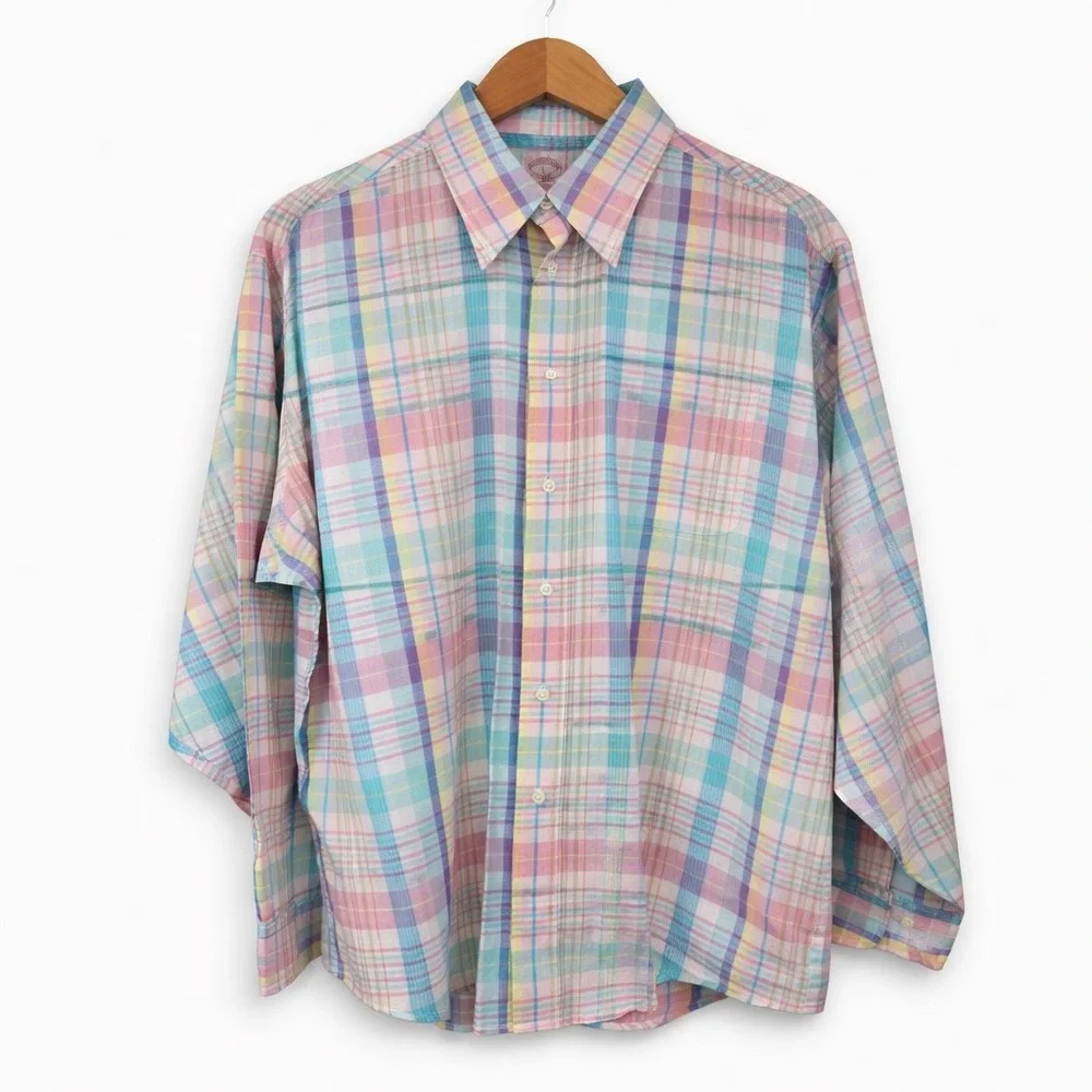 Brooks Brothers Men Large Button Down Shirt Pastel‎ Plaid Irish Linen Coastal